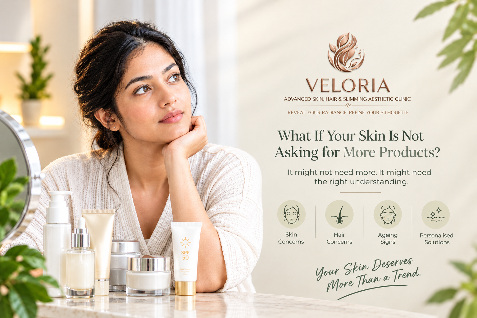 Woman considering her skincare routine and personalised skin consultation at Veloria Aesthetics