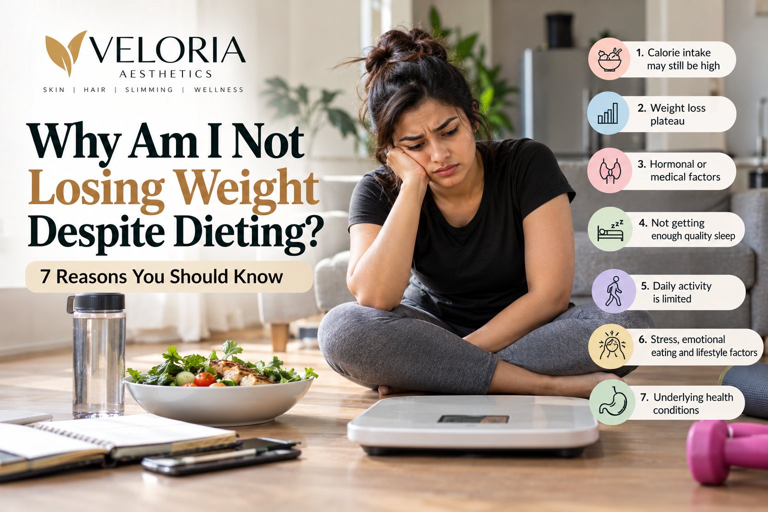 Woman struggling to lose weight despite dieting, illustrating seven possible reasons for a weight-loss plateau.